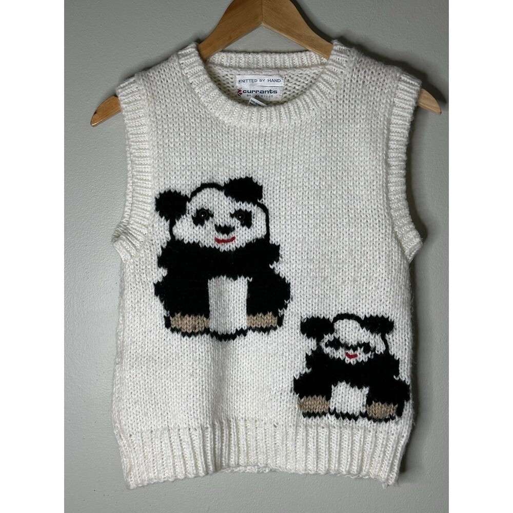 VTG Currents Panda Sweater Vest Size S Handknit Retro Kawaii Whimsical Quirky